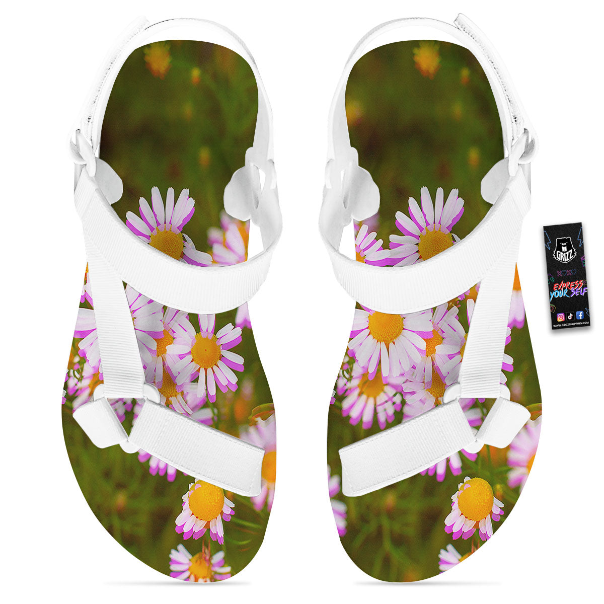 Flower Glitch Daisy Print White Open Toe Sandals-grizzshop