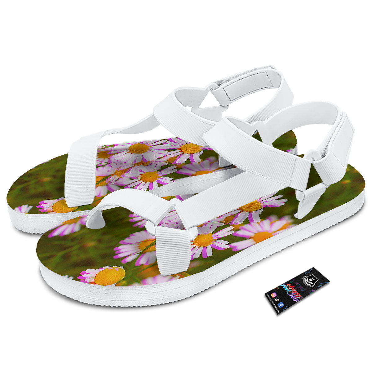 Flower Glitch Daisy Print White Open Toe Sandals-grizzshop