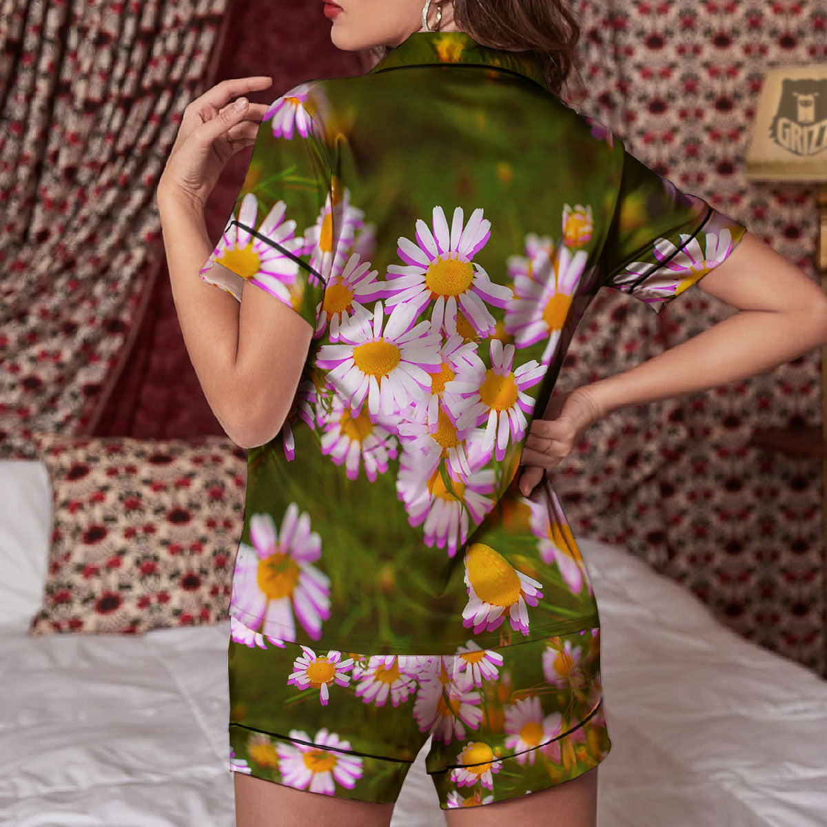 Flower Glitch Daisy Print Women Silk Pajamas-grizzshop