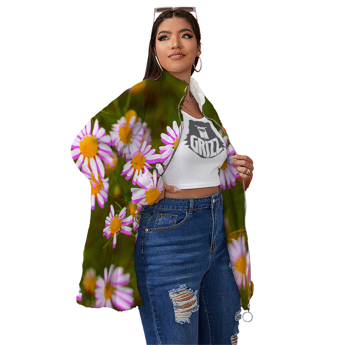 Flower Glitch Daisy Print Women's Sherpa Jacket-grizzshop