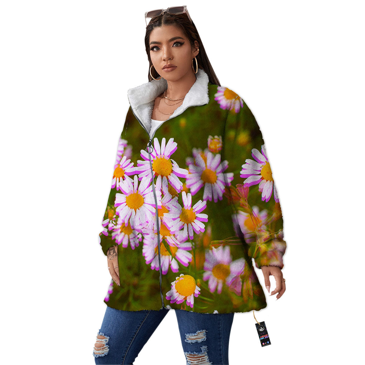 Flower Glitch Daisy Print Women's Sherpa Jacket-grizzshop