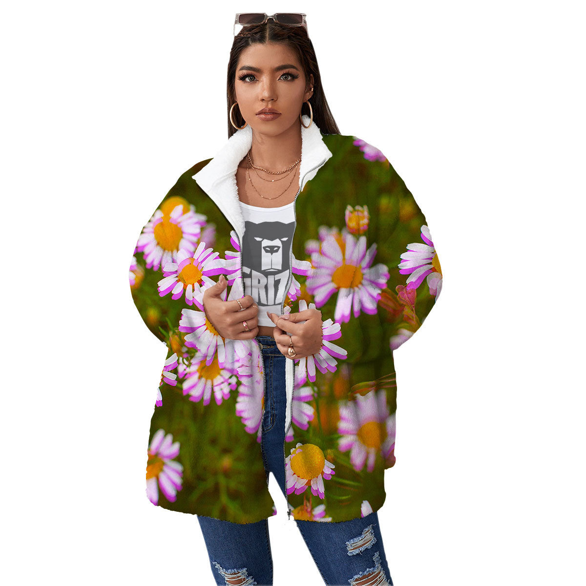 Flower Glitch Daisy Print Women's Sherpa Jacket-grizzshop