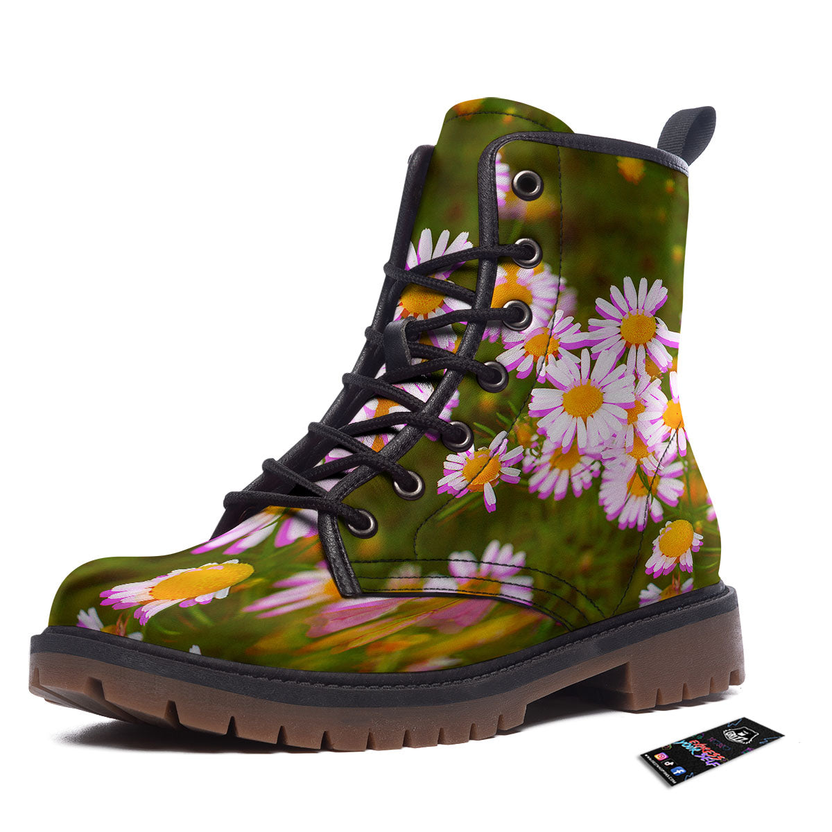 Flower Glitch Daisy Print Work Boots-grizzshop