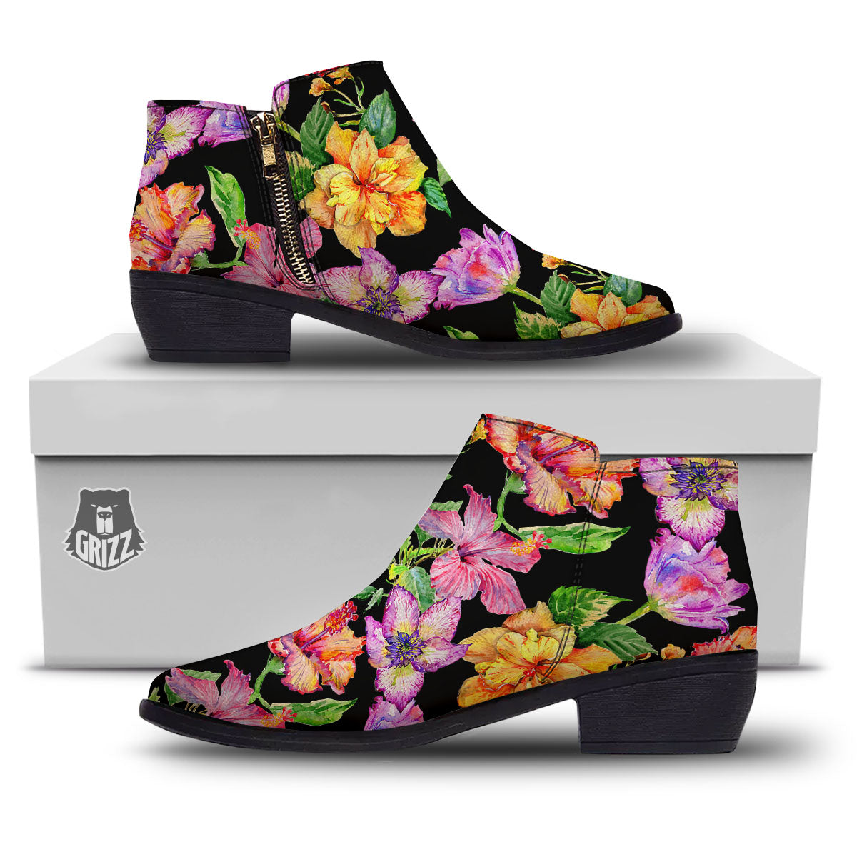 Flower Hawaiian Aloha Print Ankle Boots-grizzshop
