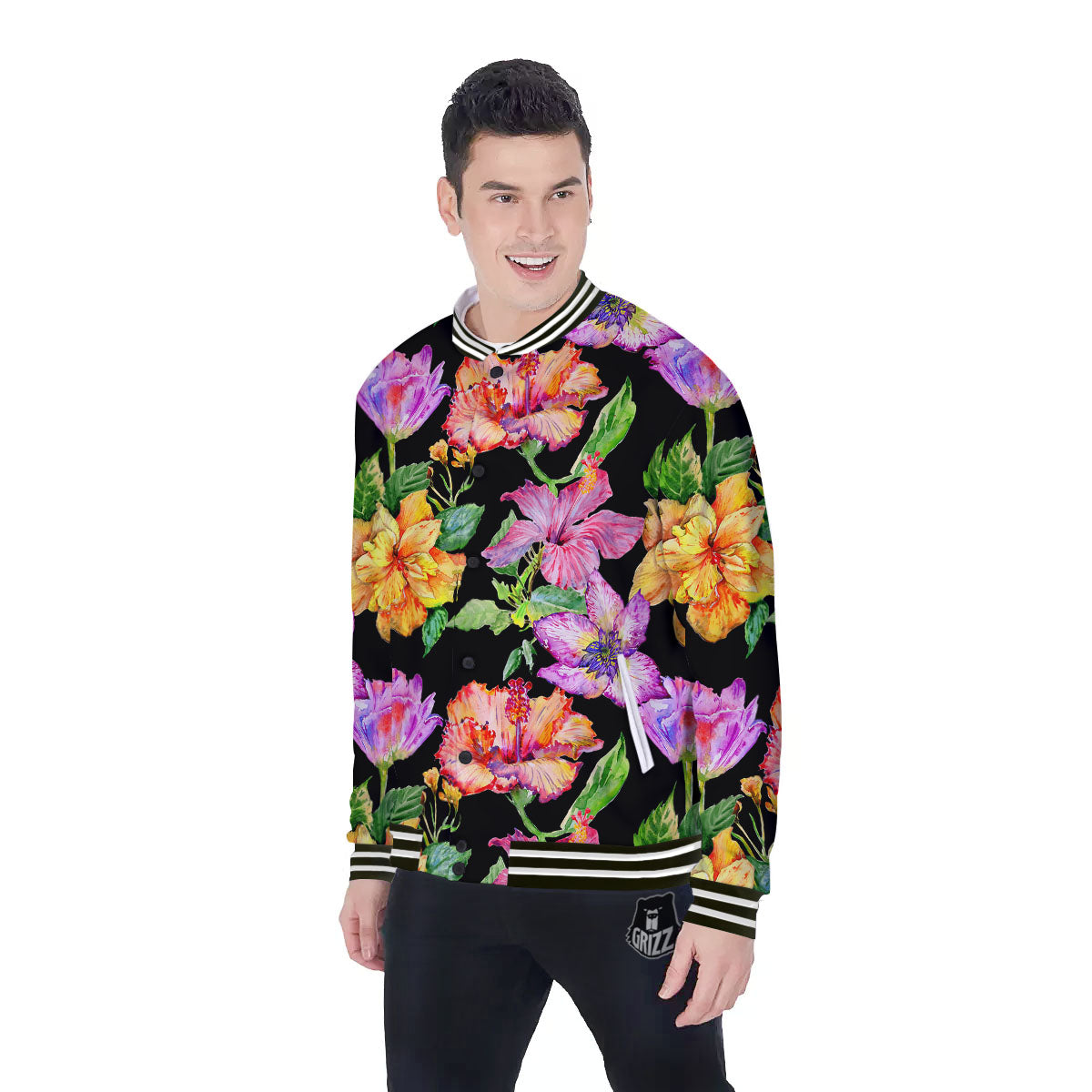 Flower Hawaiian Aloha Print Baseball Jacket-grizzshop