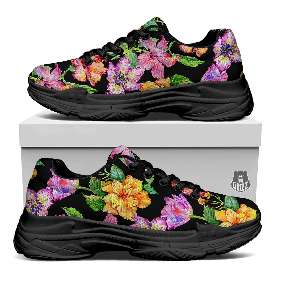 Flower Hawaiian Aloha Print Black Chunky Shoes-grizzshop