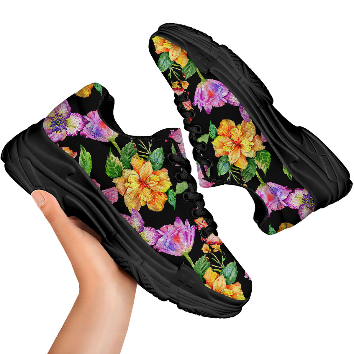 Flower Hawaiian Aloha Print Black Chunky Shoes-grizzshop