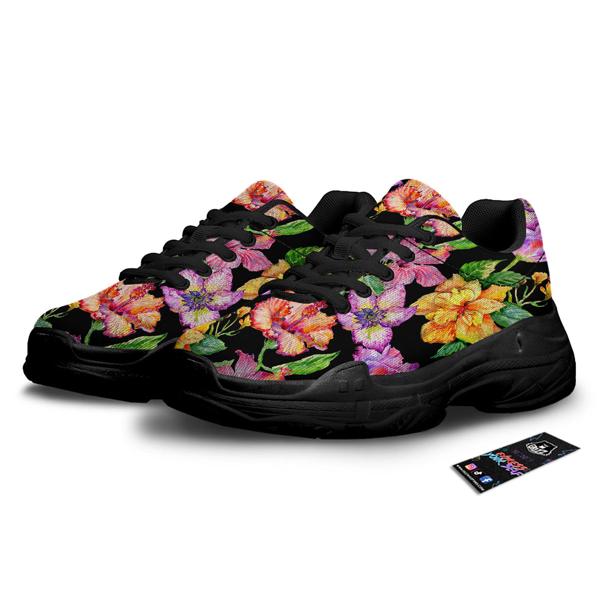 Flower Hawaiian Aloha Print Black Chunky Shoes-grizzshop