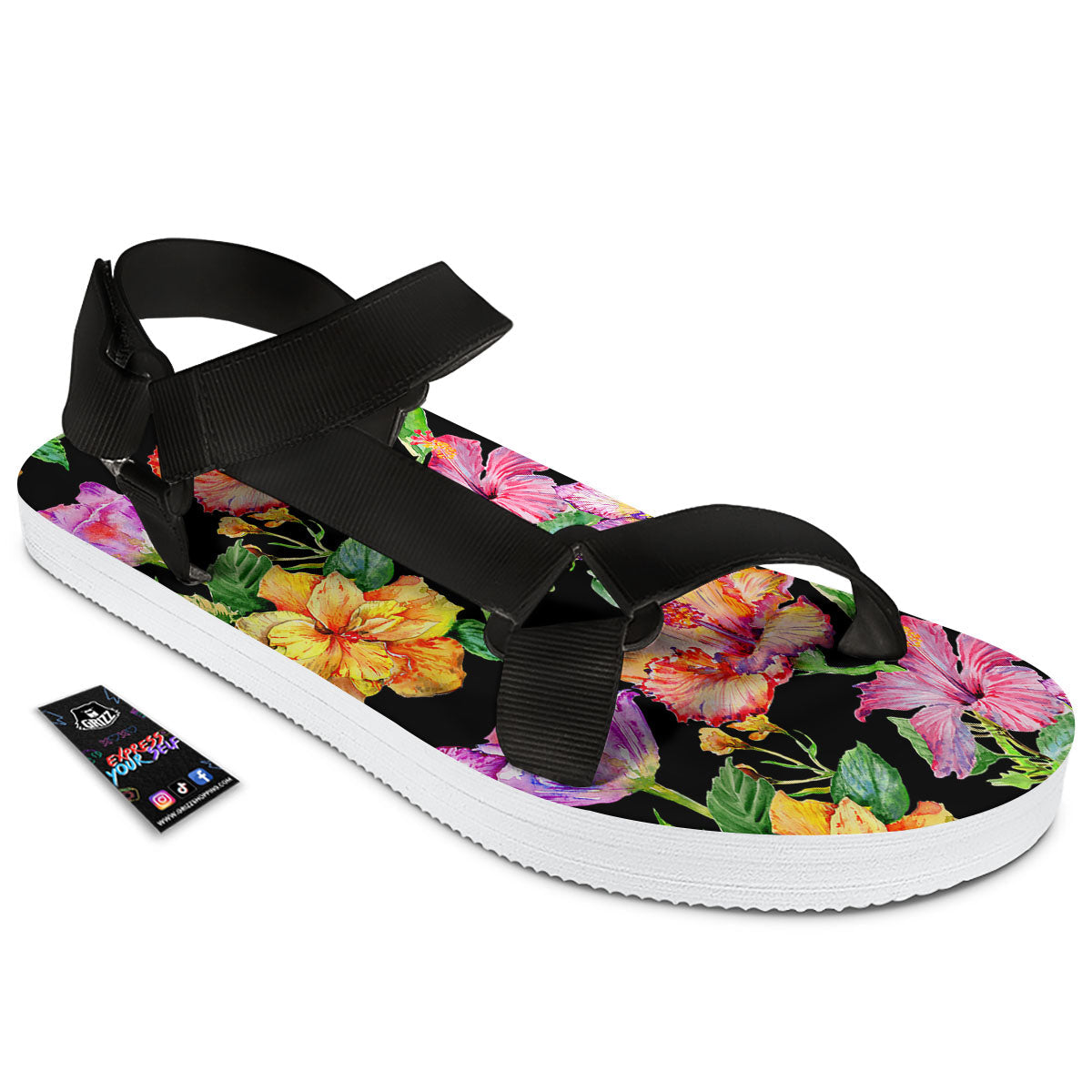 Flower Hawaiian Aloha Print Black Open Toe Sandals-grizzshop
