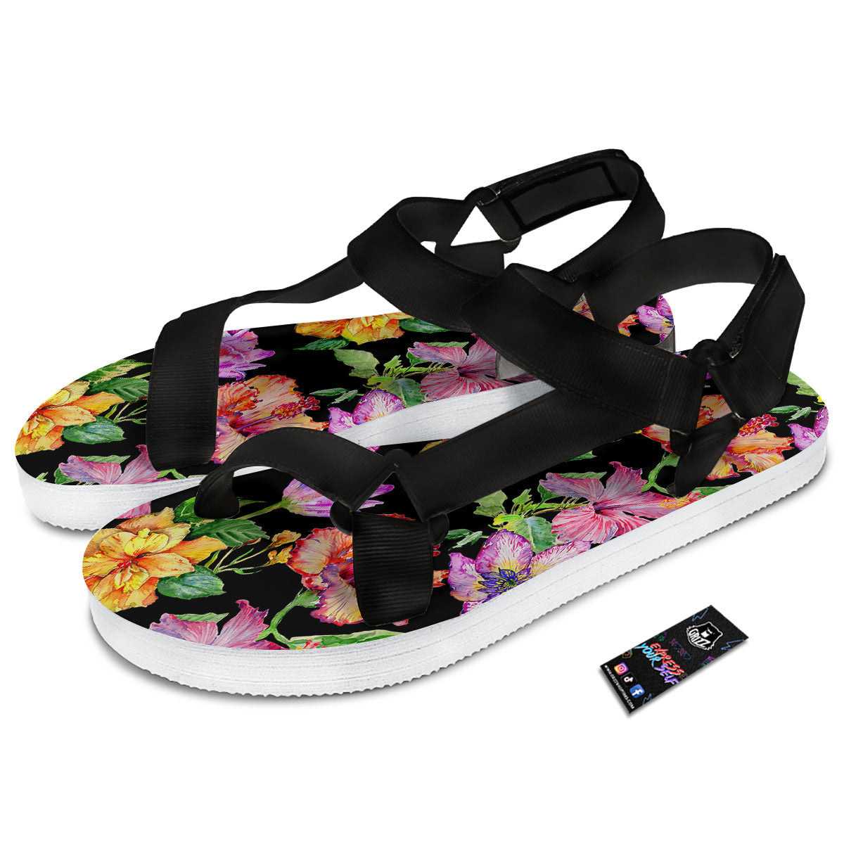 Flower Hawaiian Aloha Print Black Open Toe Sandals-grizzshop