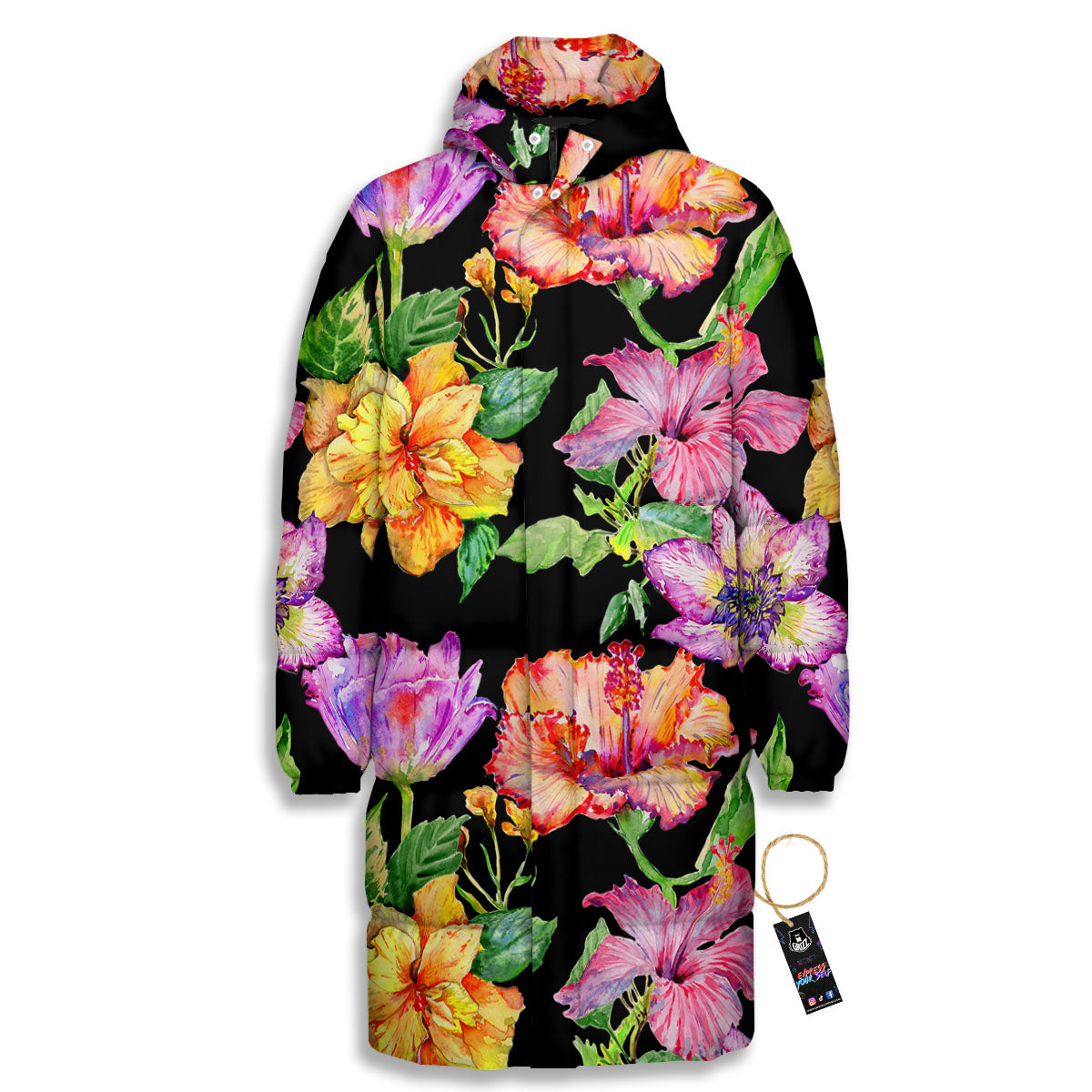 Flower Hawaiian Aloha Print Long Down Jacket-grizzshop