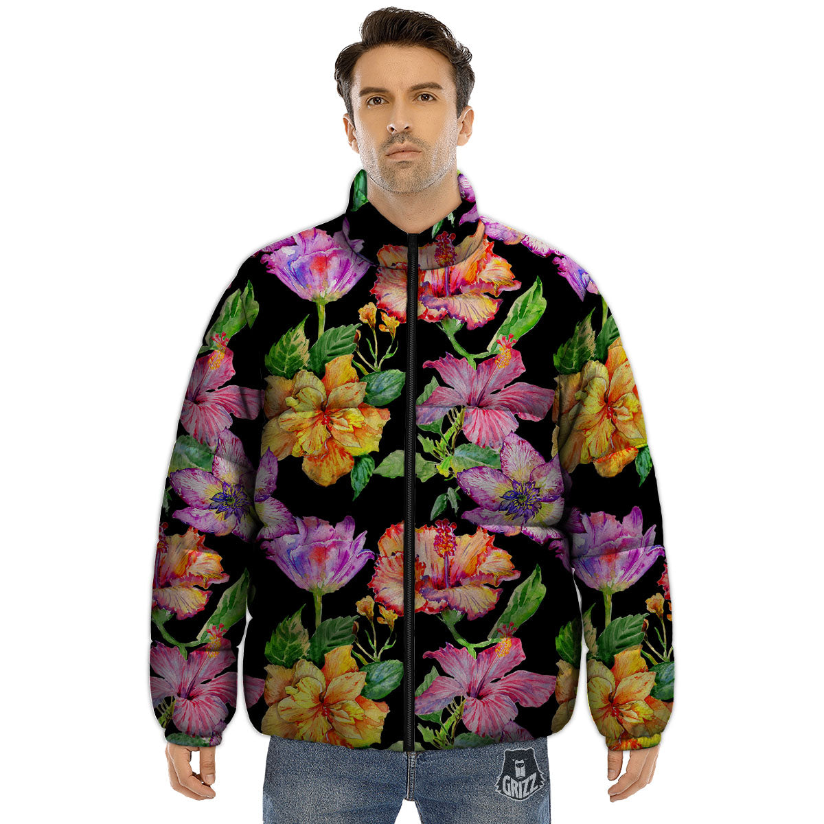 Flower Hawaiian Aloha Print Puffer Jacket-grizzshop
