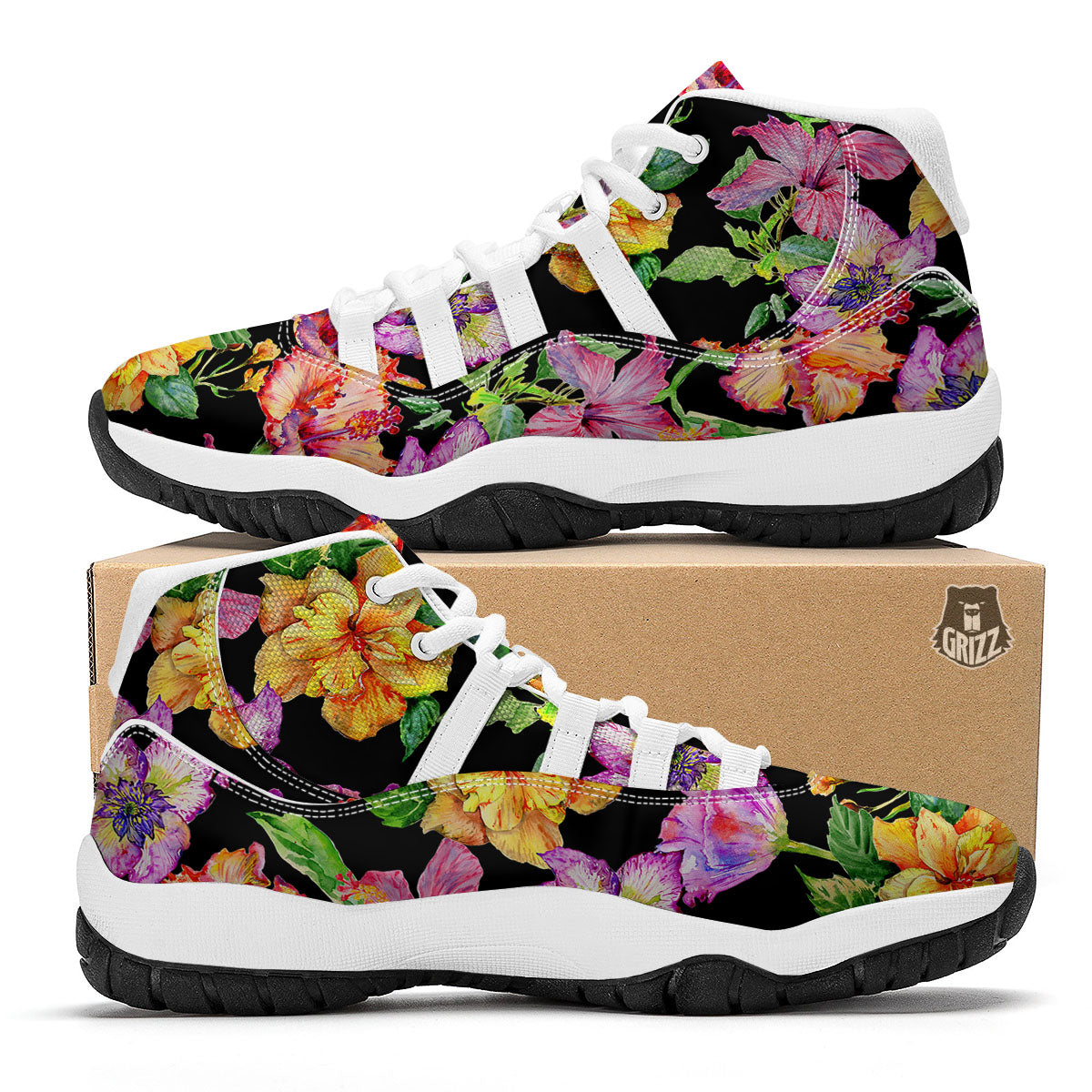 Flower Hawaiian Aloha Print White Bball Shoes-grizzshop