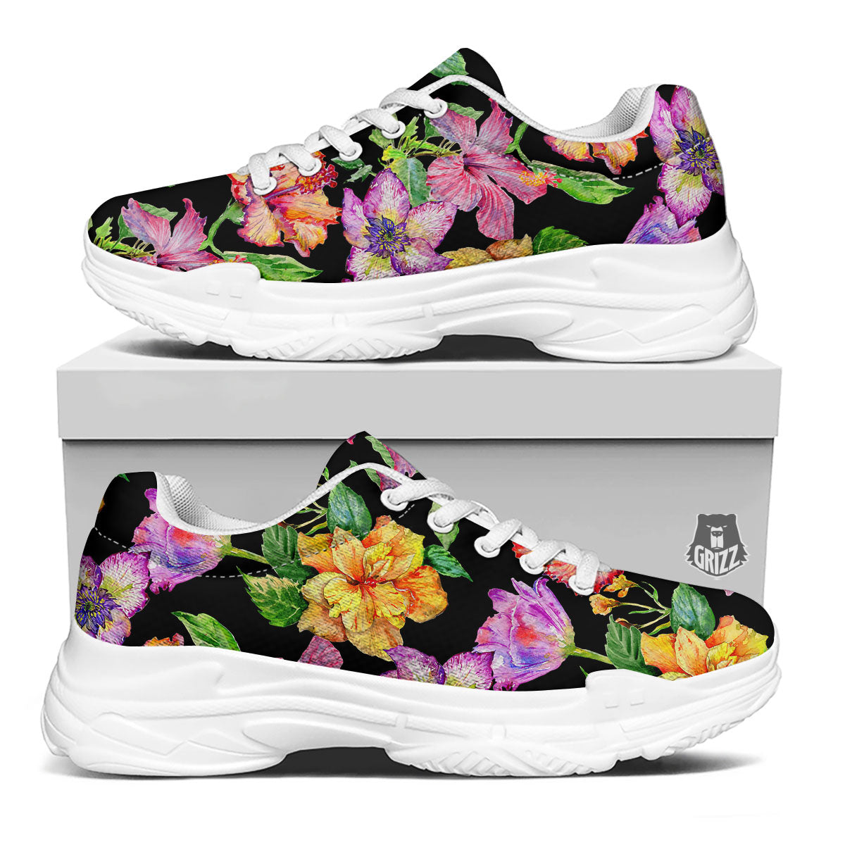 Flower Hawaiian Aloha Print White Chunky Shoes-grizzshop