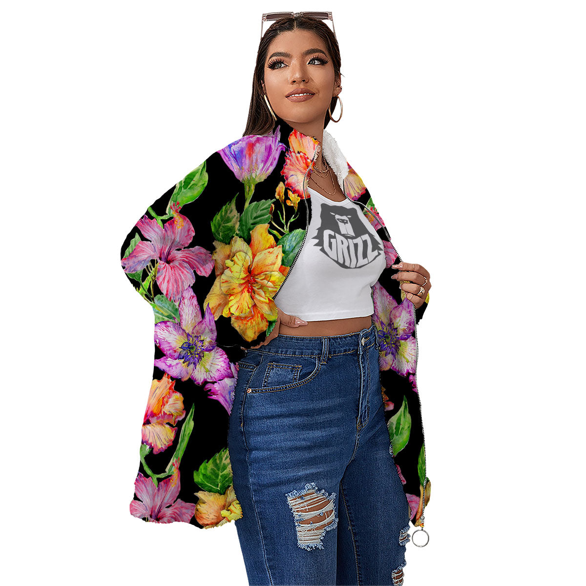 Flower Hawaiian Aloha Print Women's Sherpa Jacket-grizzshop