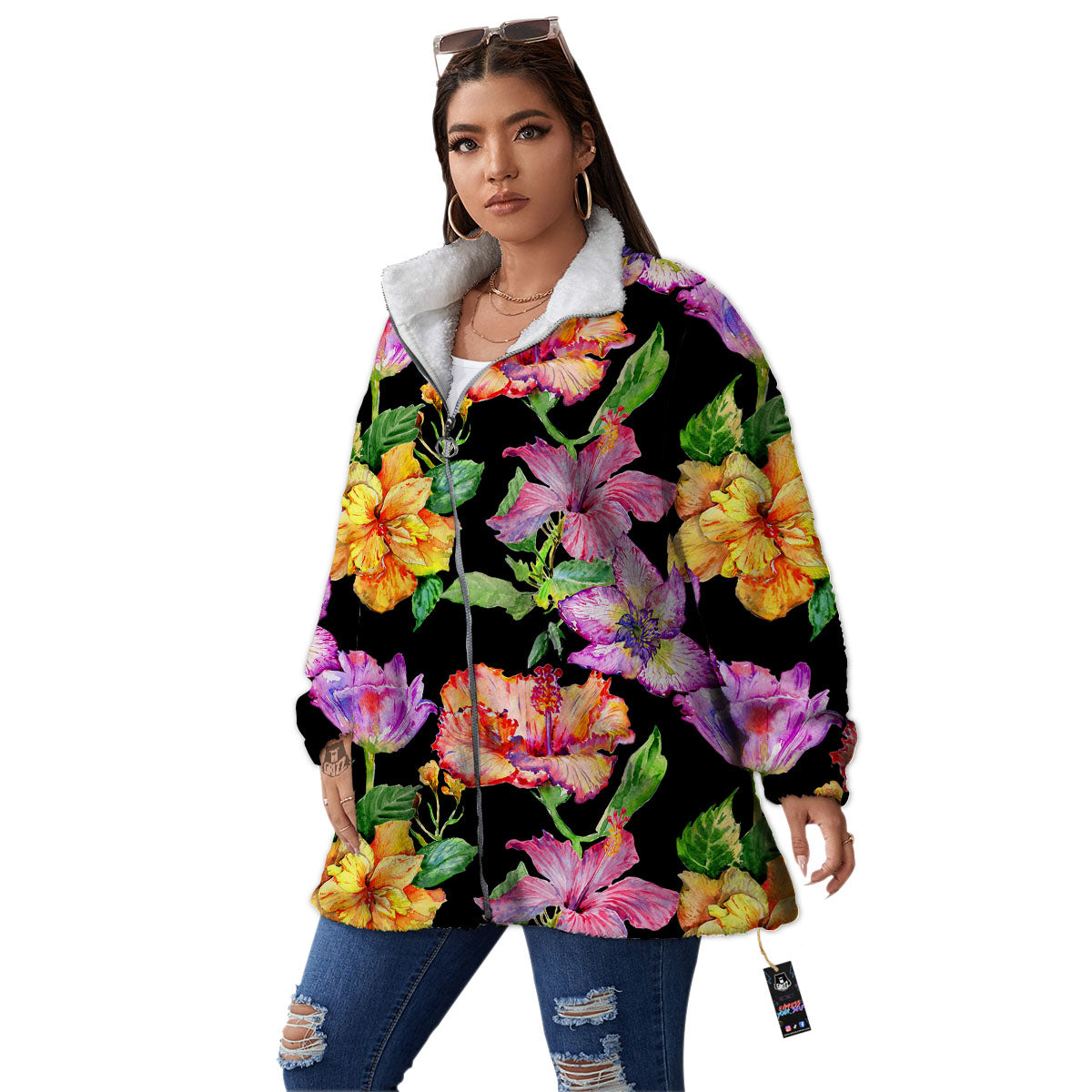 Flower Hawaiian Aloha Print Women's Sherpa Jacket-grizzshop