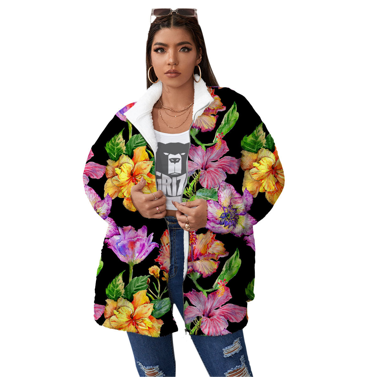 Flower Hawaiian Aloha Print Women's Sherpa Jacket-grizzshop