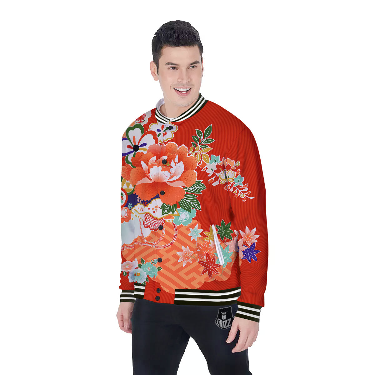 Flower Japanese Print Baseball Jacket-grizzshop