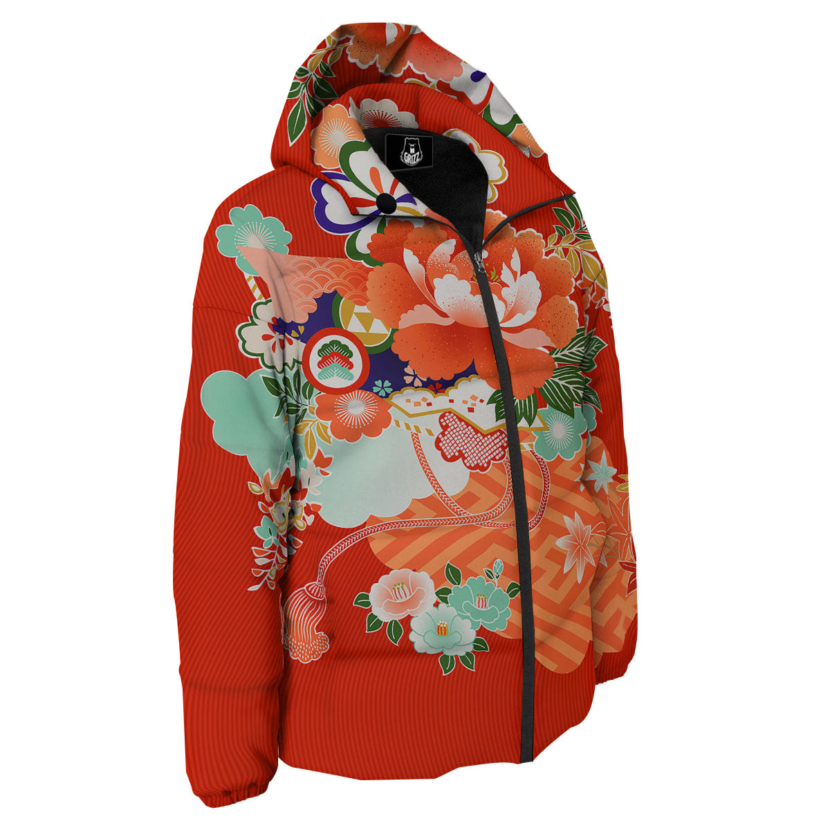Flower Japanese Print Down Jacket-grizzshop