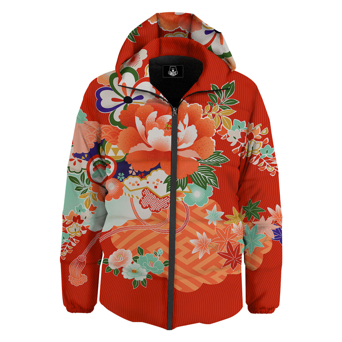 Flower Japanese Print Down Jacket-grizzshop