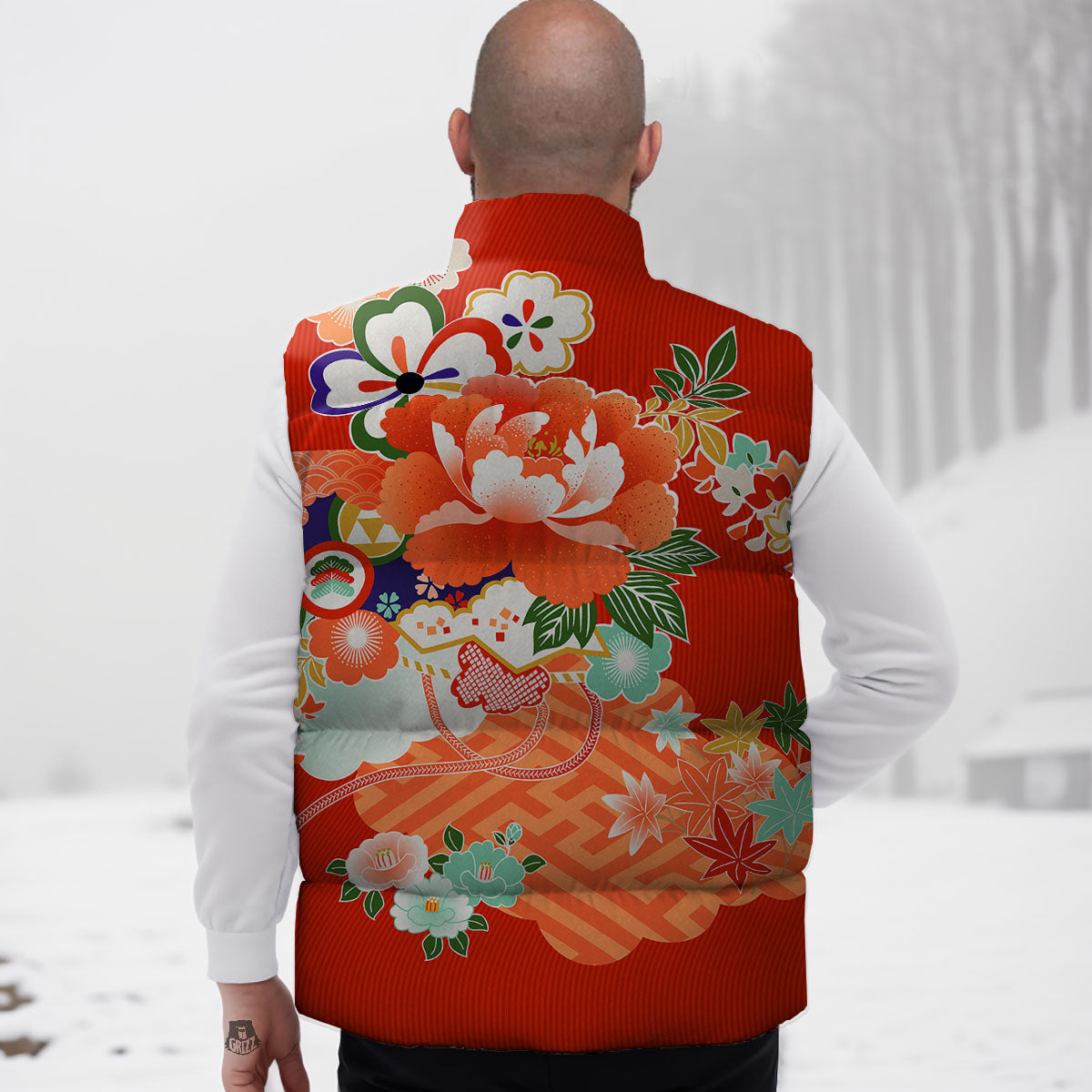 Flower Japanese Print Down Vest