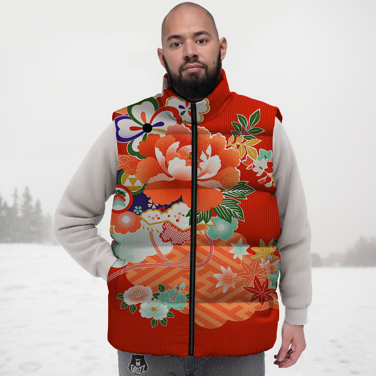Flower Japanese Print Down Vest