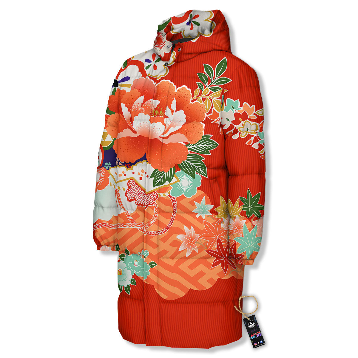 Flower Japanese Print Long Down Jacket-grizzshop