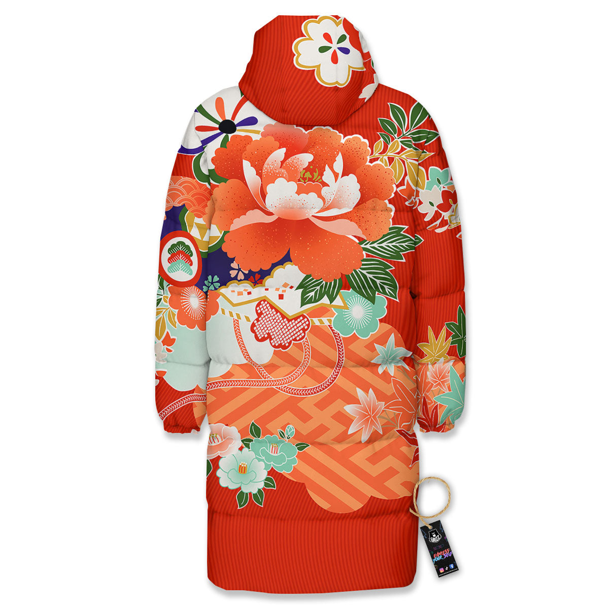 Flower Japanese Print Long Down Jacket-grizzshop