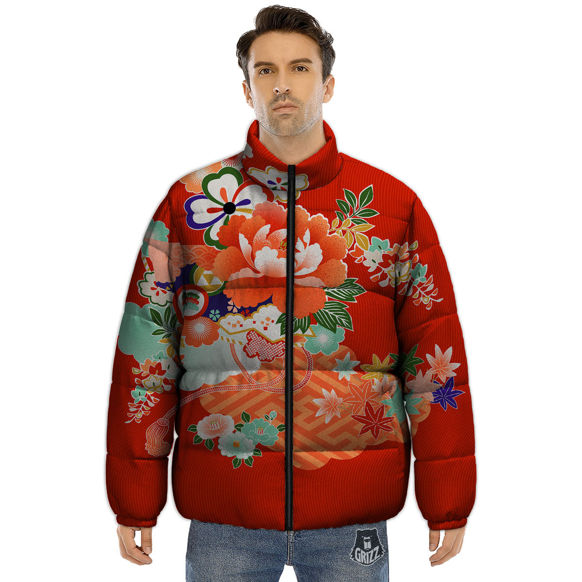 Flower Japanese Print Puffer Jacket-grizzshop
