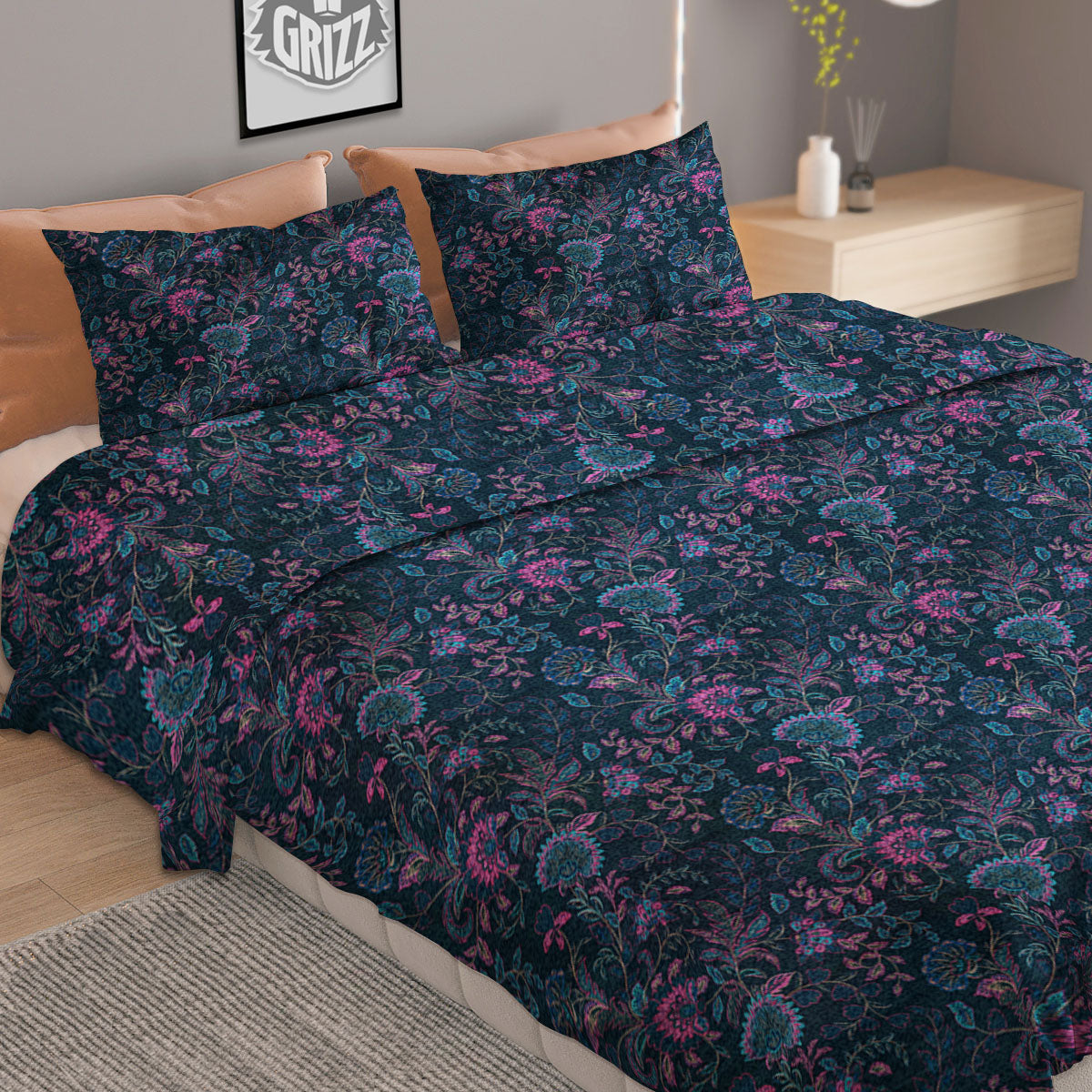 Flower Jeans Denim Print Pattern Duvet Cover Bedding Set