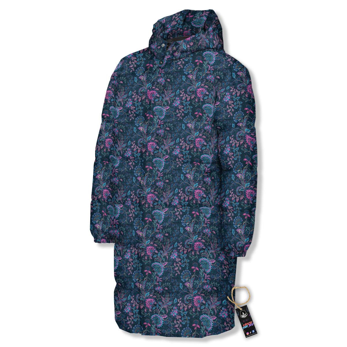 Flower Jeans Denim Print Pattern Long Down Jacket-grizzshop