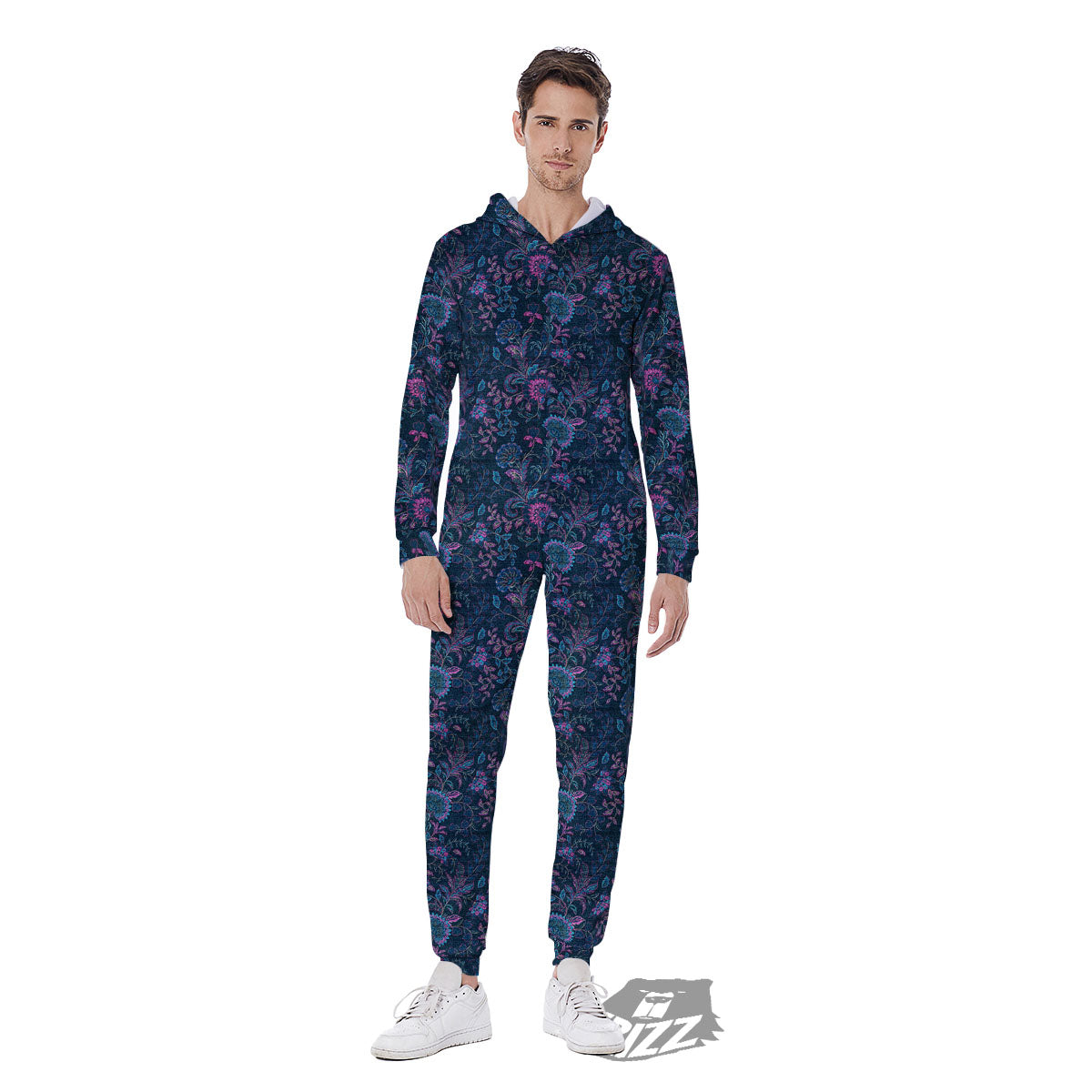 Flower Jeans Denim Print Pattern Men's Jumpsuit-grizzshop