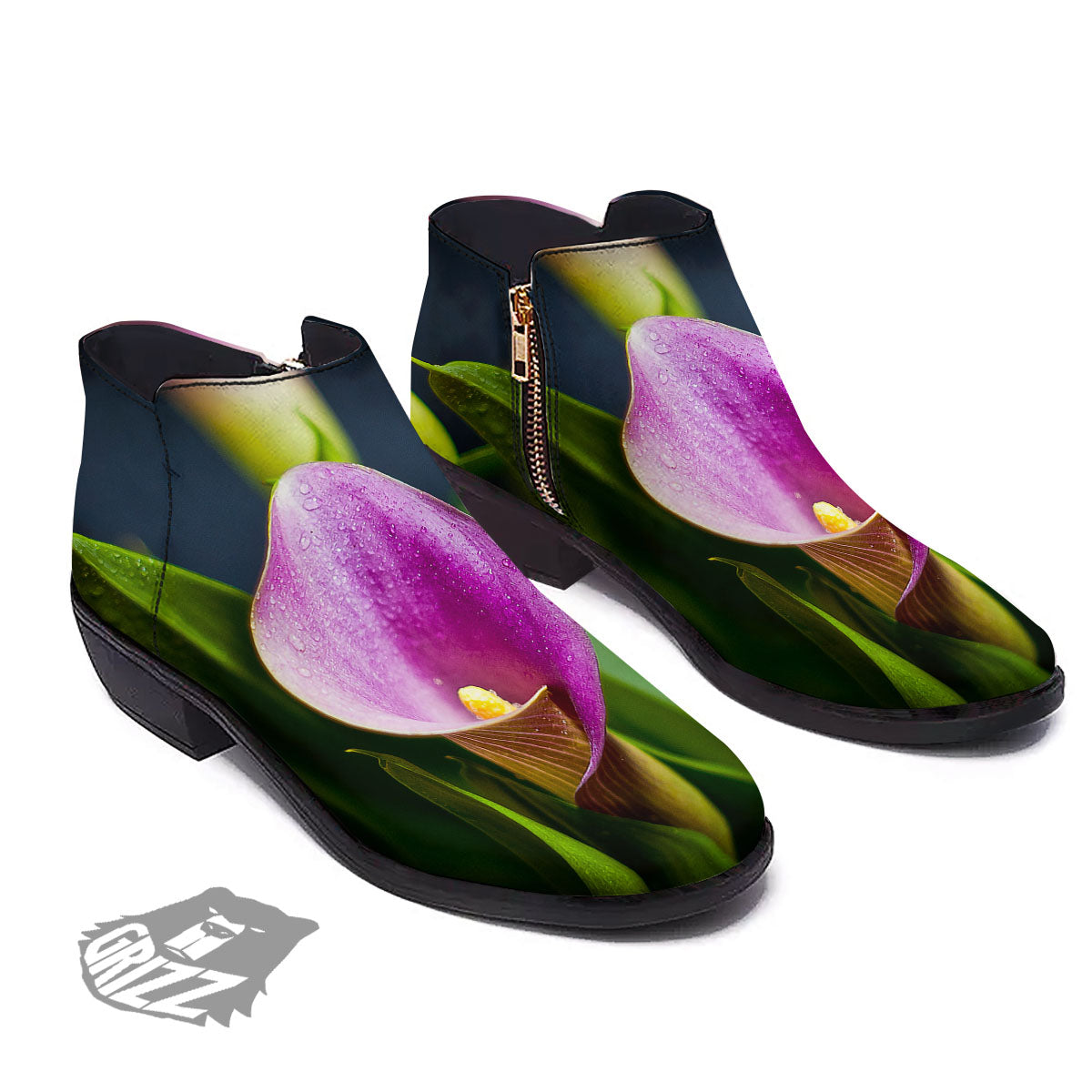 Flower Lily Purple Print Ankle Boots-grizzshop