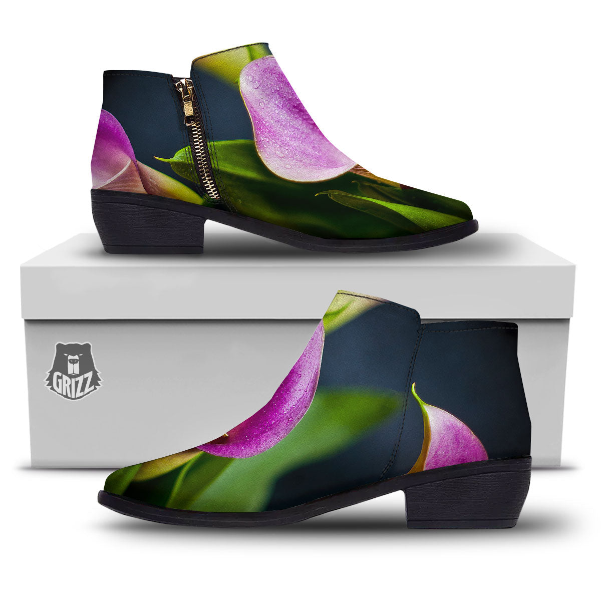 Flower Lily Purple Print Ankle Boots-grizzshop