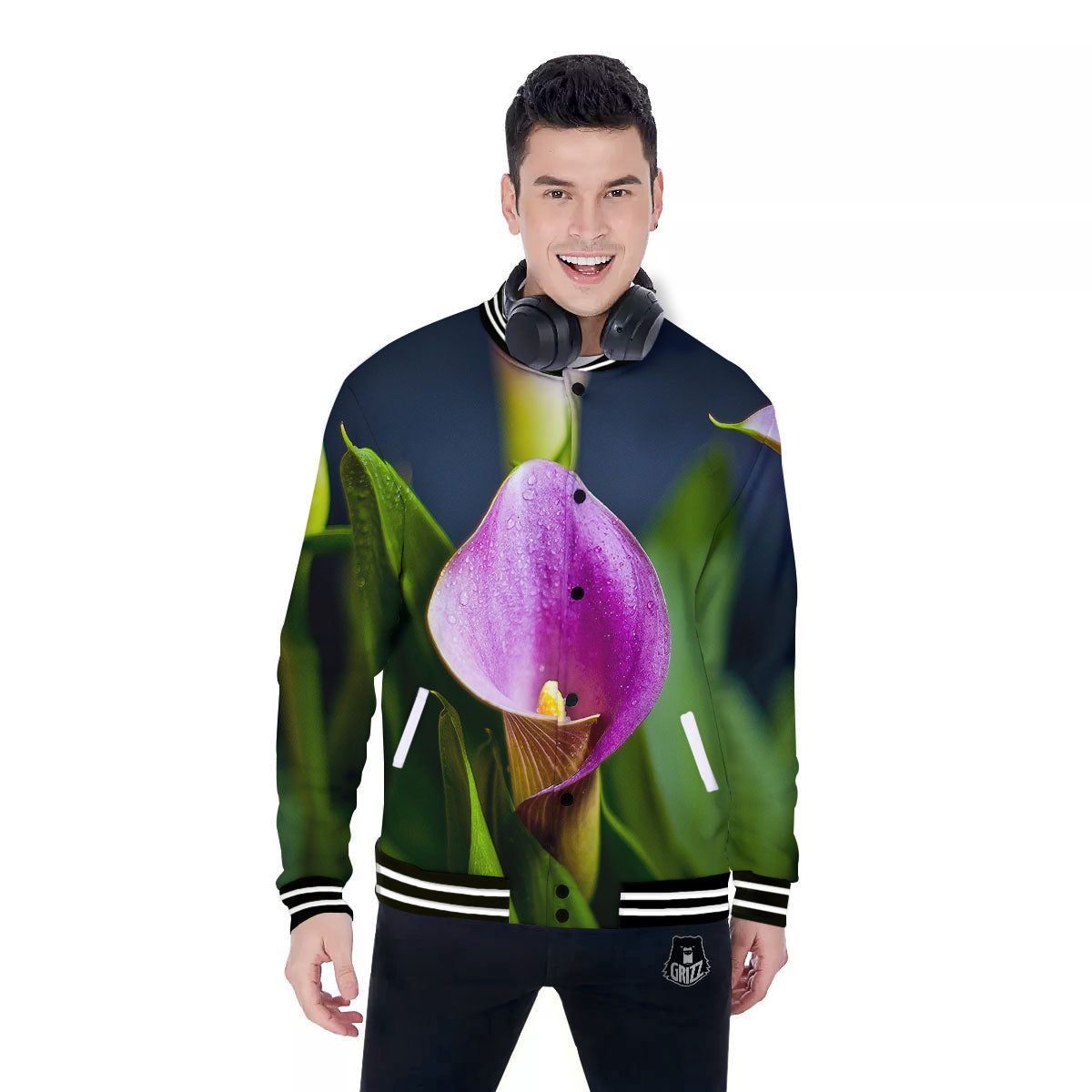 Flower Lily Purple Print Baseball Jacket-grizzshop