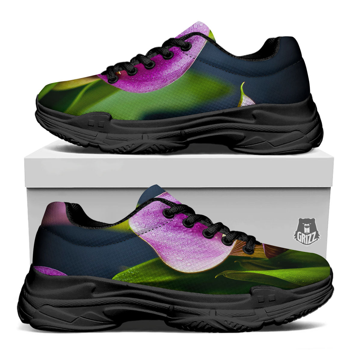 Flower Lily Purple Print Black Chunky Shoes-grizzshop