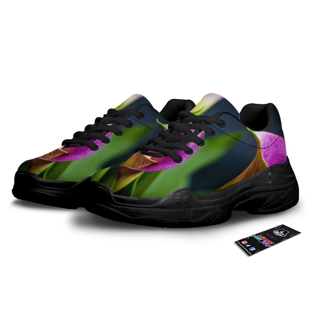 Flower Lily Purple Print Black Chunky Shoes-grizzshop