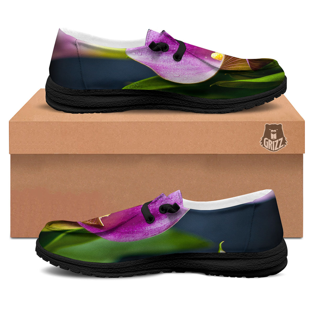 Flower Lily Purple Print Black Loafers-grizzshop