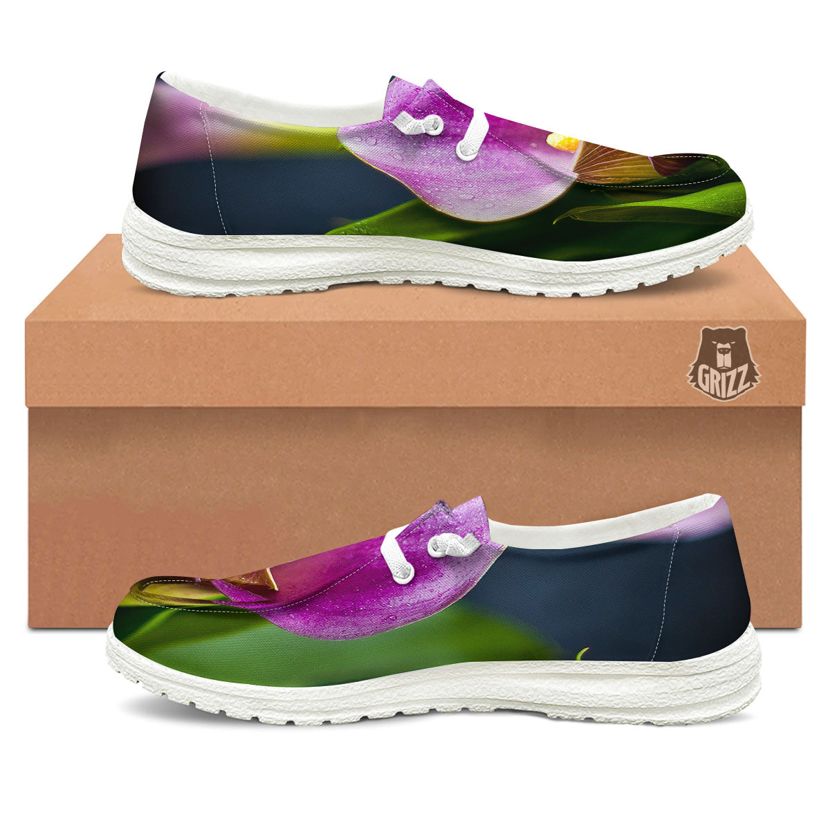 Flower Lily Purple Print Black Loafers-grizzshop