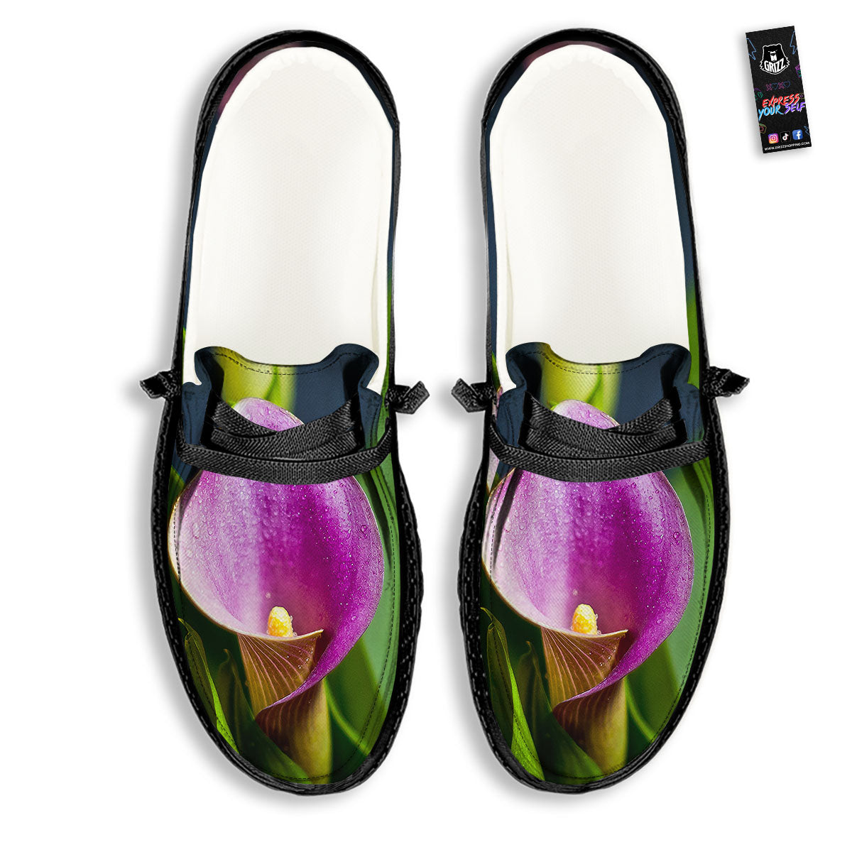Flower Lily Purple Print Black Loafers-grizzshop