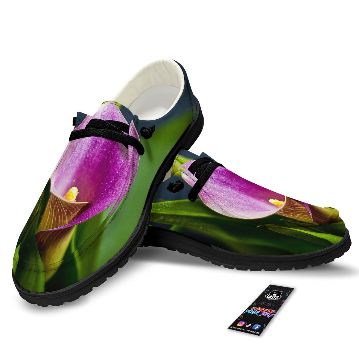 Flower Lily Purple Print Black Loafers-grizzshop