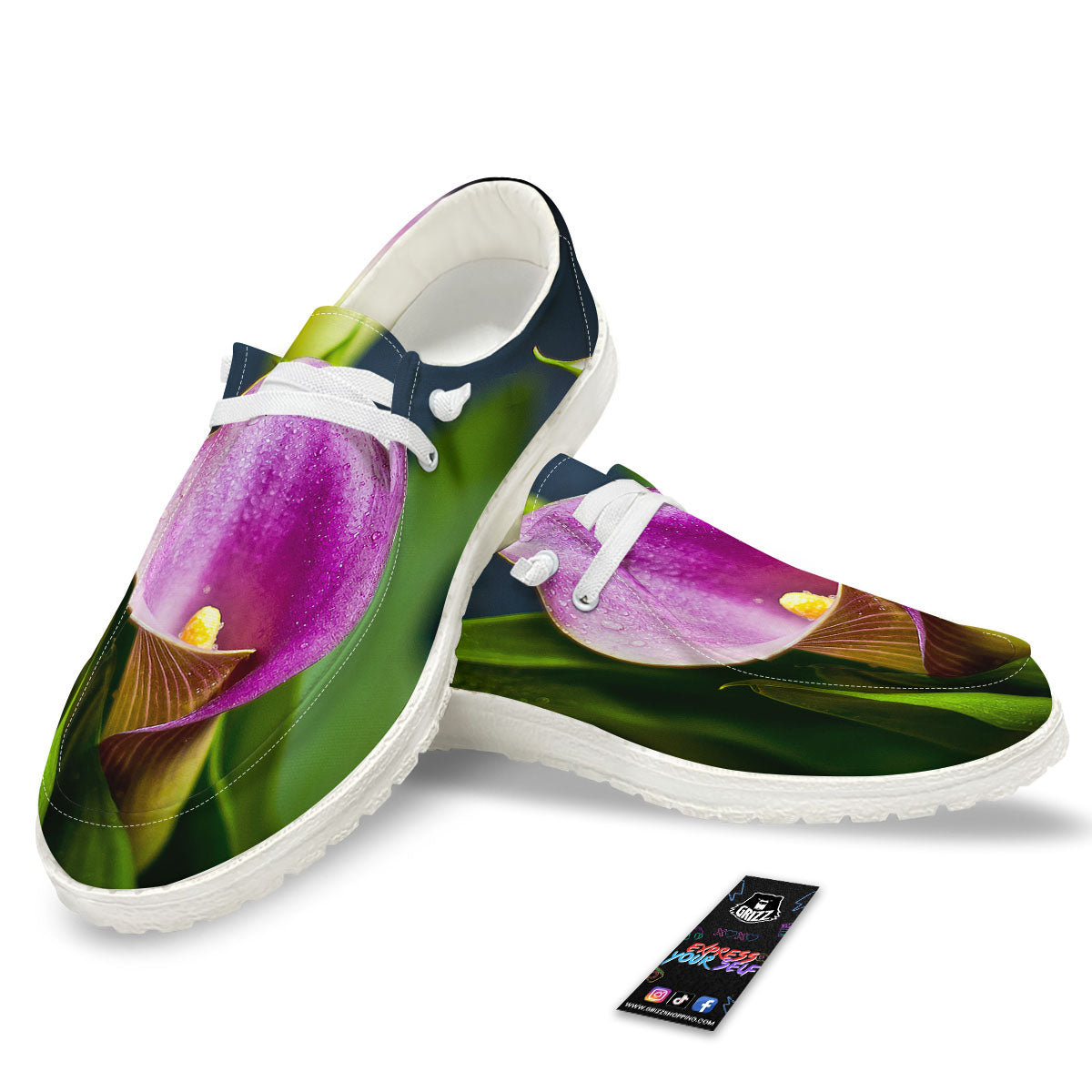 Flower Lily Purple Print Black Loafers-grizzshop