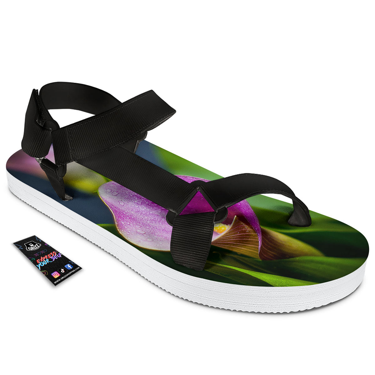 Flower Lily Purple Print Black Open Toe Sandals-grizzshop