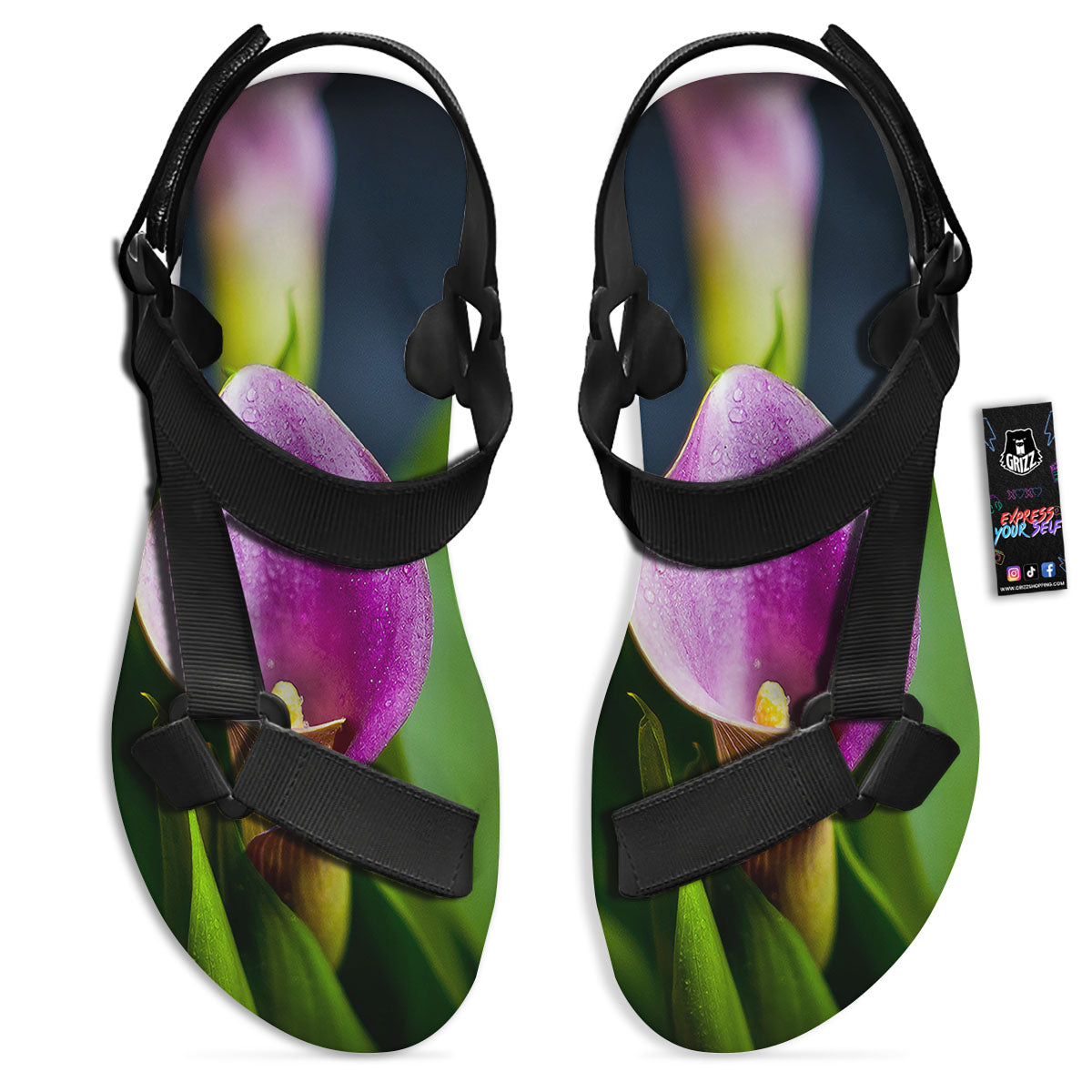 Flower Lily Purple Print Black Open Toe Sandals-grizzshop