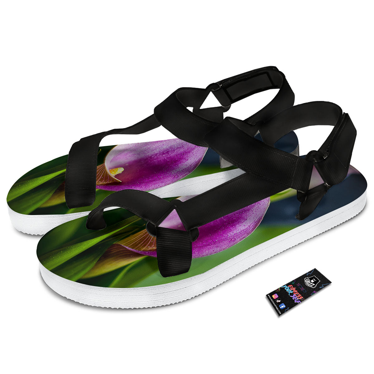 Flower Lily Purple Print Black Open Toe Sandals-grizzshop