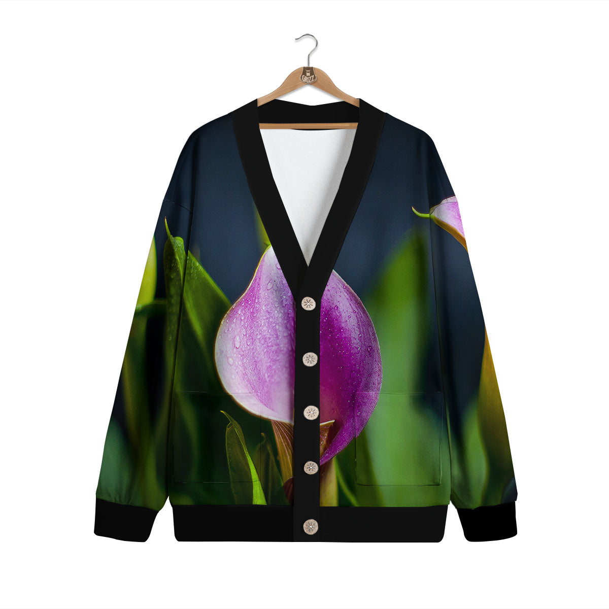 Flower Lily Purple Print Cardigan-grizzshop