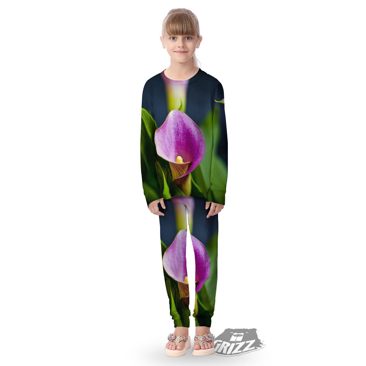 Flower Lily Purple Print Kid's Pajamas-grizzshop