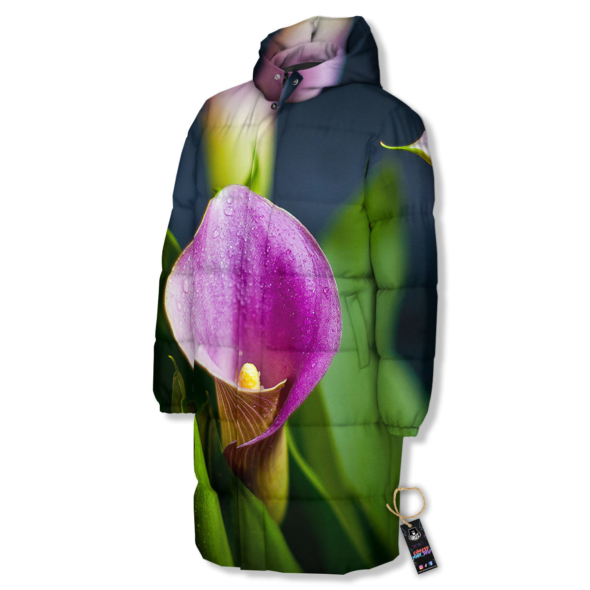 Flower Lily Purple Print Long Down Jacket-grizzshop