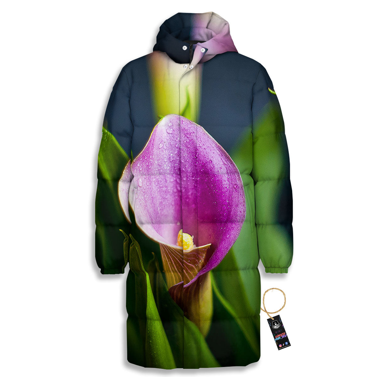 Flower Lily Purple Print Long Down Jacket-grizzshop