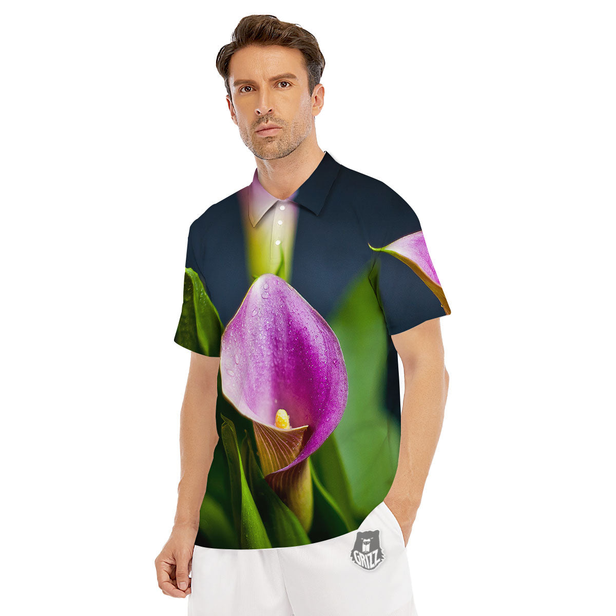 Flower Lily Purple Print Men's Golf Shirts-grizzshop